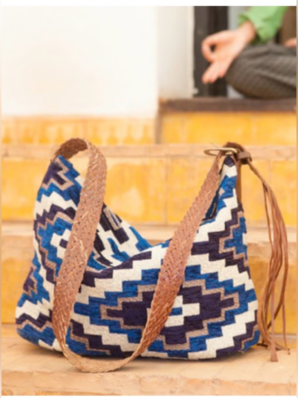 Boho Woven Shoulder Bag with Leather Braided Strap by Mushmina